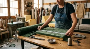 Cálculo de metraje de tela para tapizar un sofá chaise longue en el taller