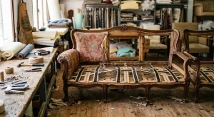 Restauración de tresillo clásico antiguo con muelles y estructura de madera maciza