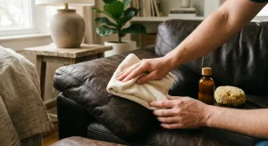 Limpieza correcta de un sofá de piel con paño de microfibra y producto específico para cuero
