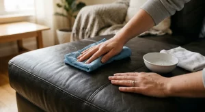 Limpieza correcta de un sofá de polipiel con paño de microfibra y agua jabonosa