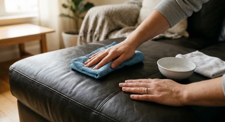 Limpieza correcta de un sofá de polipiel con paño de microfibra y agua jabonosa