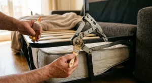 Lubricando el mecanismo metálico de un sofá cama que se atasca al agarrotarse