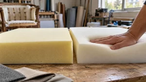 Dos planchas de espuma para sofá sobre la mesa de un taller de tapicería, con una mano presionando la de la derecha